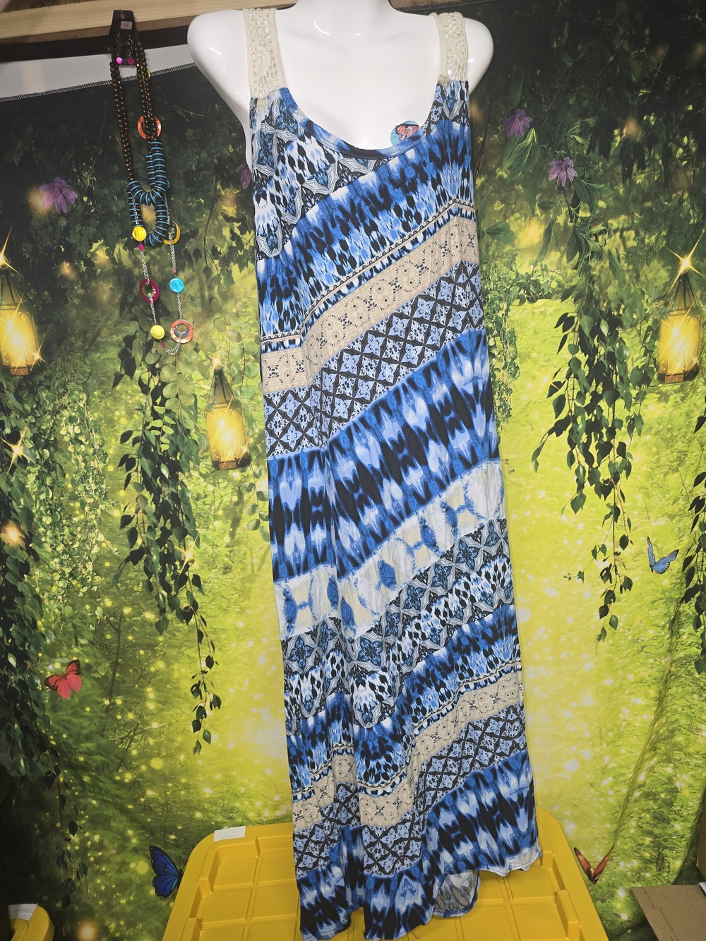 #165 Rouge! Blue and Cream Patterned Boho Maxi Dress